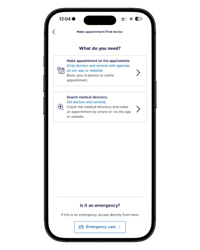 The Make appointment/Find doctor screen in the Mi Sanitas app asking What do you need, with options to book on the app or website or search the medical directory, and an emergency care link