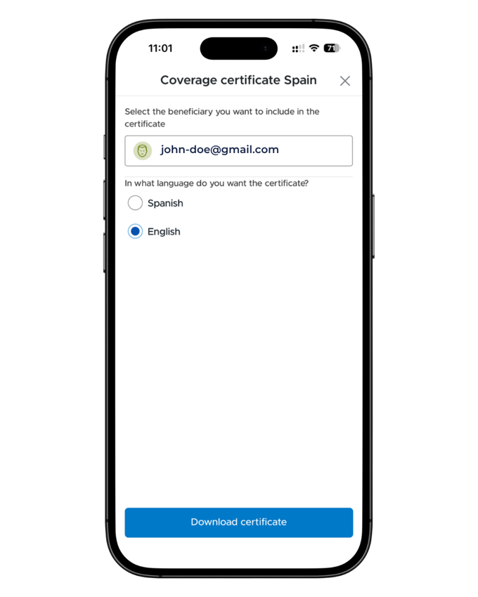 The Coverage certificate Spain download dialog in the Mi Sanitas app, with a beneficiary selector and a Spanish or English language choice