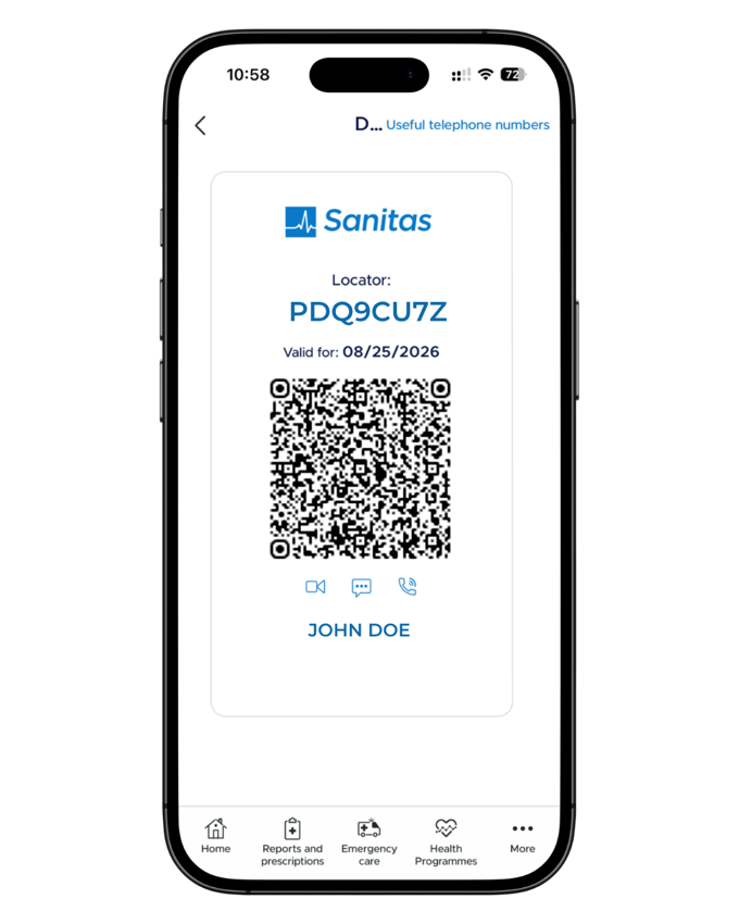 The digital Sanitas card in the Mi Sanitas app, showing the locator code, QR code and valid-for date