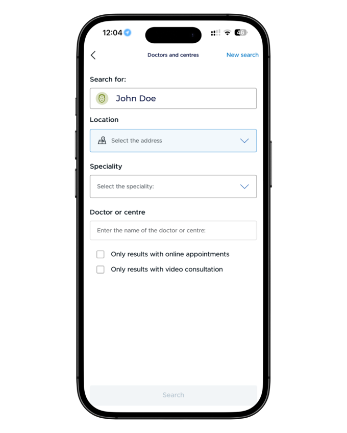 The Doctors and centres search in the Mi Sanitas app with location, speciality and name fields plus filters for online appointments and video consultation