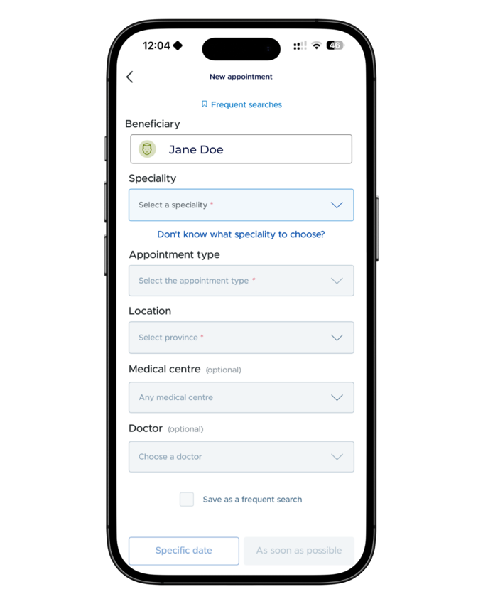 The New appointment form in the Mi Sanitas app with beneficiary, speciality, appointment type, location, optional medical centre and doctor fields, and Specific date or As soon as possible buttons
