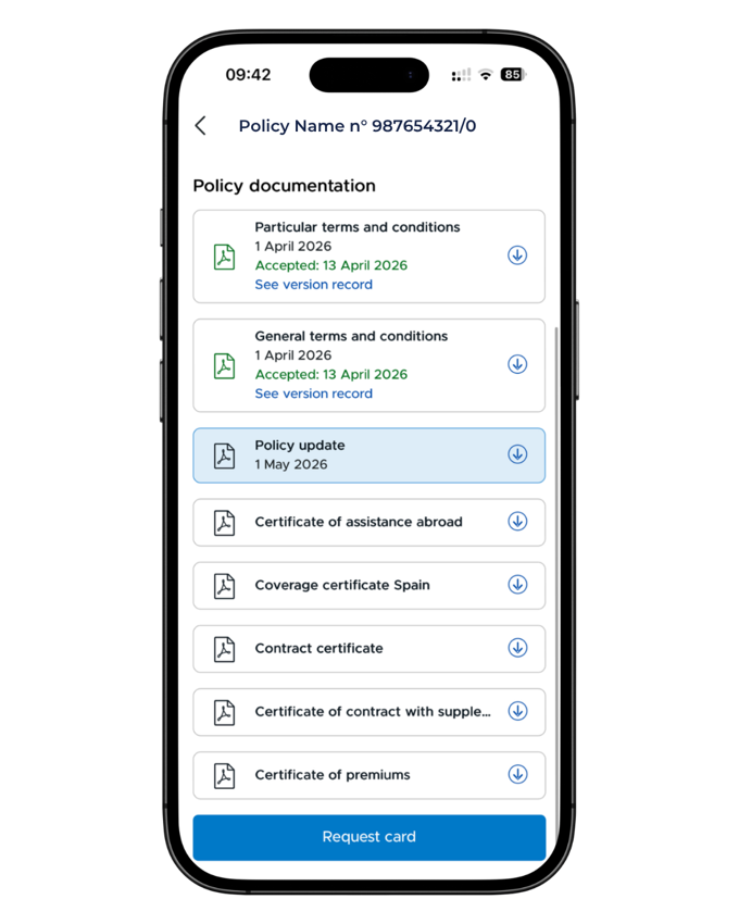 The Policy documentation screen in the Mi Sanitas app, listing terms and conditions and certificates with download controls