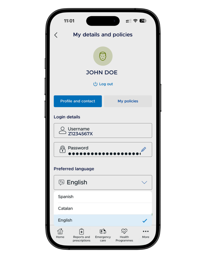 The Profile and contact screen in the Mi Sanitas app, showing the Preferred language picker with Spanish, Catalan and English options