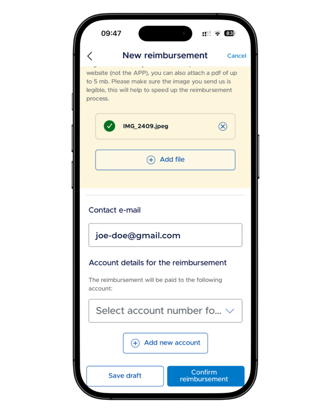 The final step of a reimbursement claim in the Mi Sanitas app: attached document, contact email, account details for the reimbursement, Save draft and Confirm reimbursement buttons