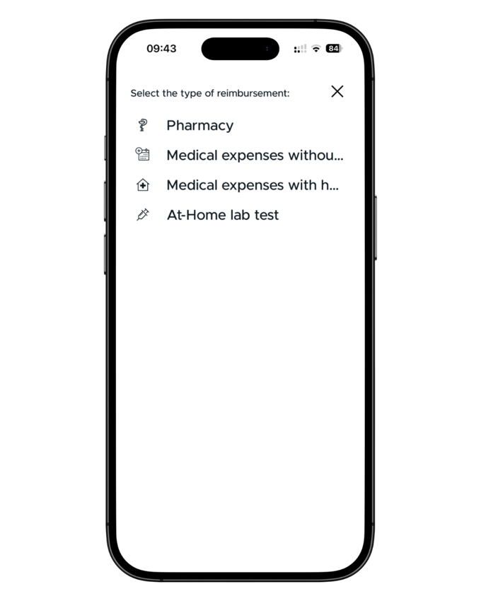 The reimbursement type picker in the Mi Sanitas app: Pharmacy, Medical expenses without hospitalisation, Medical expenses with hospitalisation, At-Home lab test