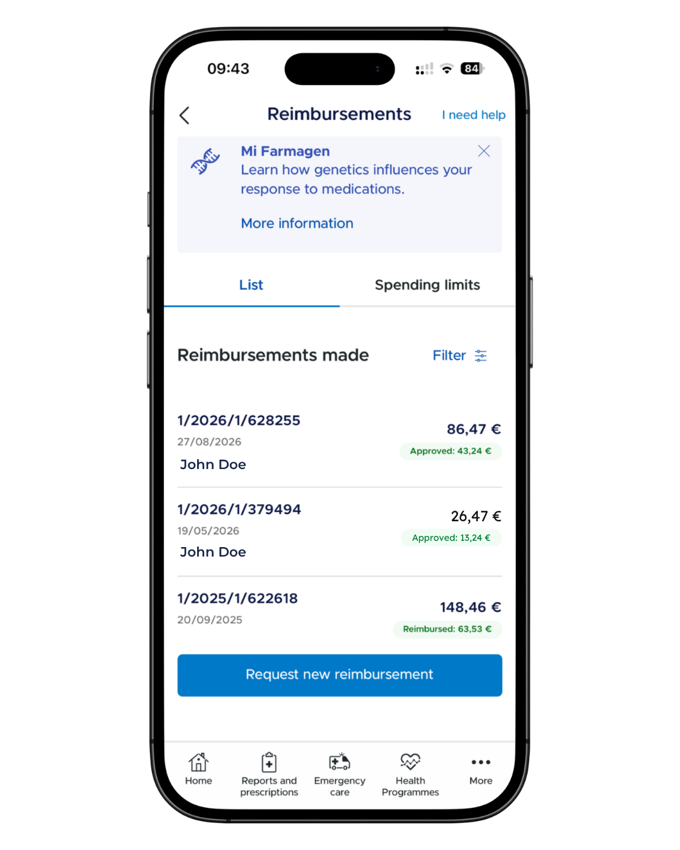The Reimbursements screen in the Mi Sanitas app, showing the List and Spending limits tabs, past claims with Approved and Reimbursed statuses, and the Request new reimbursement button